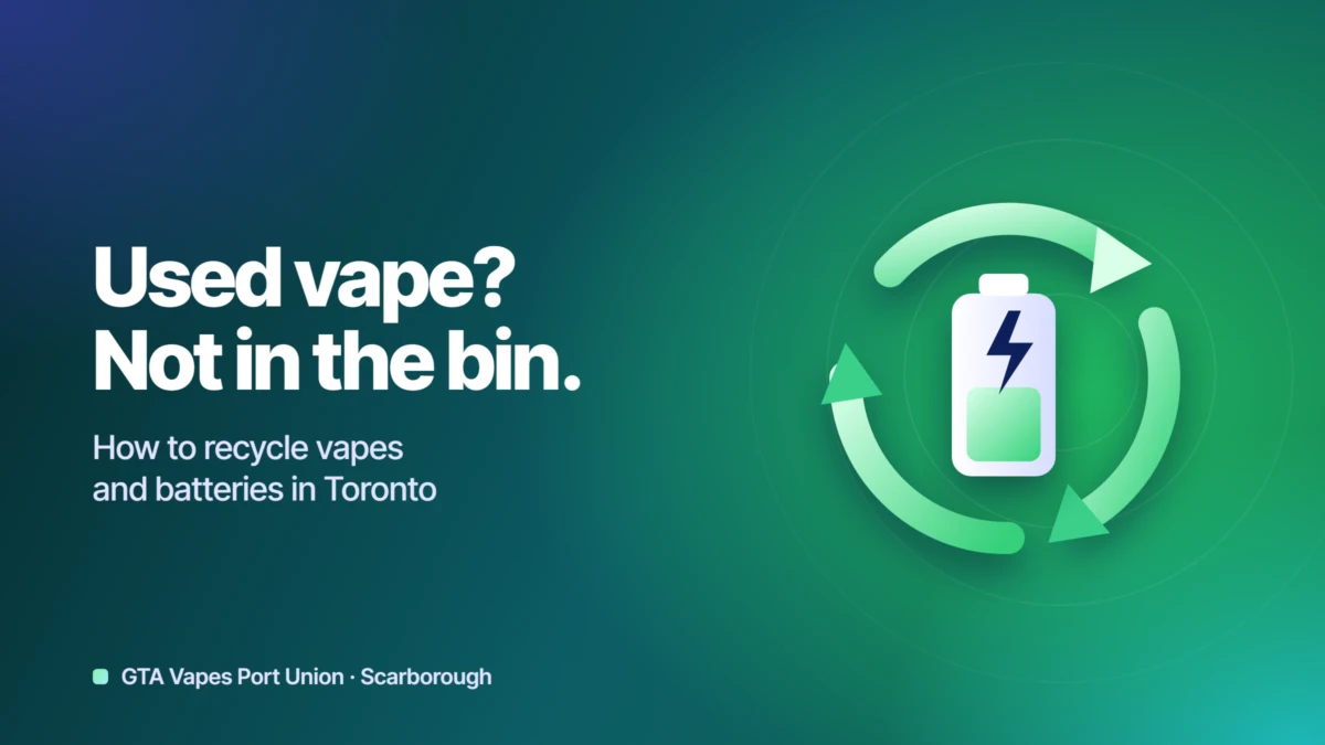 Simple graphic showing that used vapes do not go in the garbage or Blue Bin and should be taken to a drop-off location