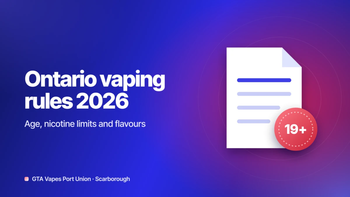 Header graphic reading Ontario vaping rules 2026: age, nicotine limits and flavours, with a 19+ document icon